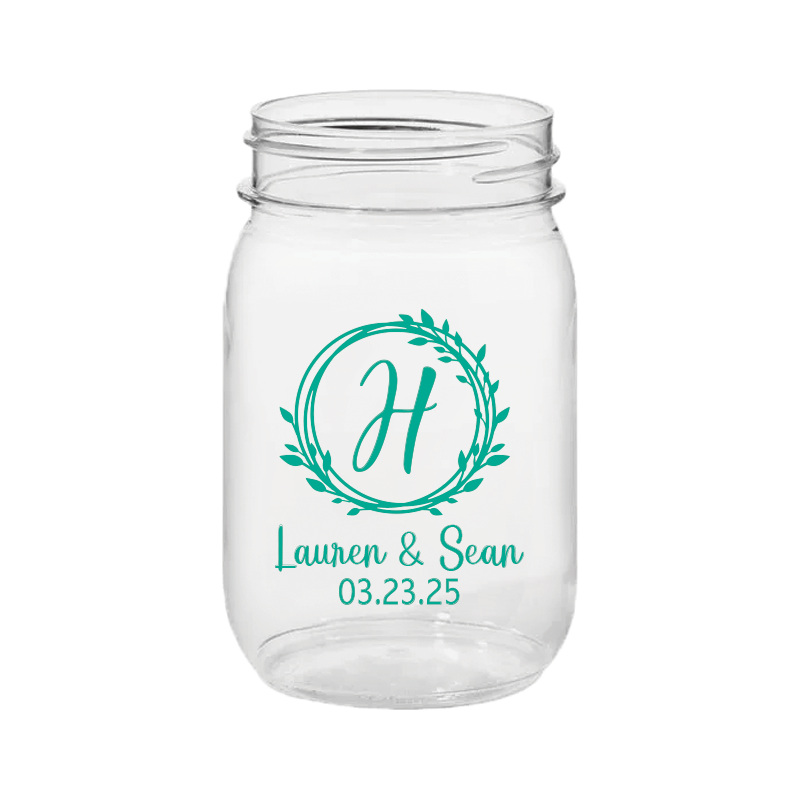 Foliage Wreath with Monogram PLASTIC Mason Jar