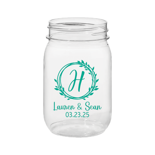 Foliage Wreath with Monogram PLASTIC Mason Jar Wedding Favor