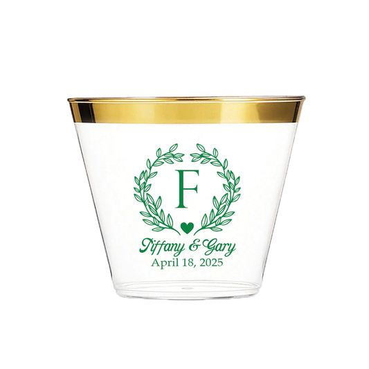 Personalized Elegant Monogram 9oz Gold or Silver Rimmed Clear Plastic Cups