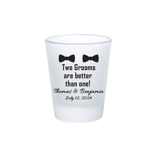 Dos novios son mejores que uno, vasos de chupito de boda personalizados LGBTQI+