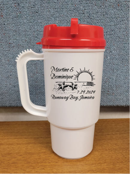 14oz Travel Mugs - White with Red Lid - Set of 25