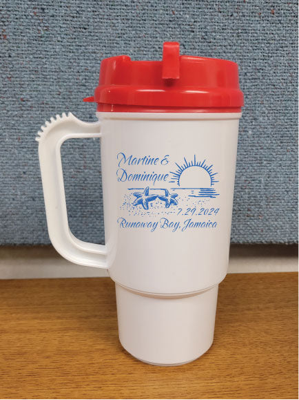 14oz Travel Mugs - White with Red Lid - Set of 25