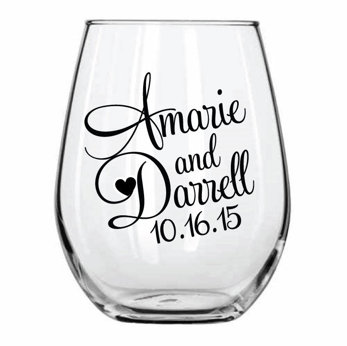 Personalized Stemless wine glasses, monogram design, personalized wedding favors with your names and wedding date