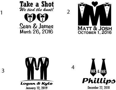 Mr. & Mr. wedding shot glasses, same sex wedding, personalized wedding favors