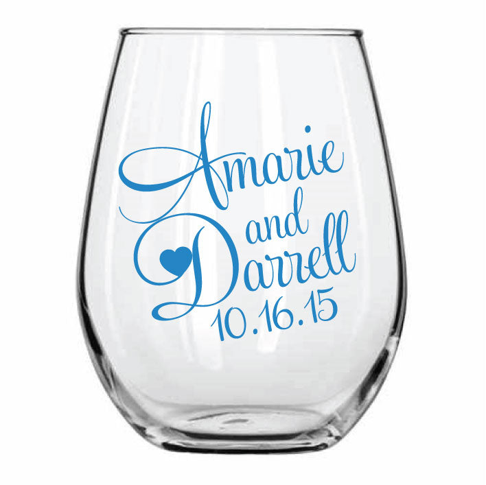 Personalized Stemless wine glasses, monogram design, personalized wedding favors with your names and wedding date