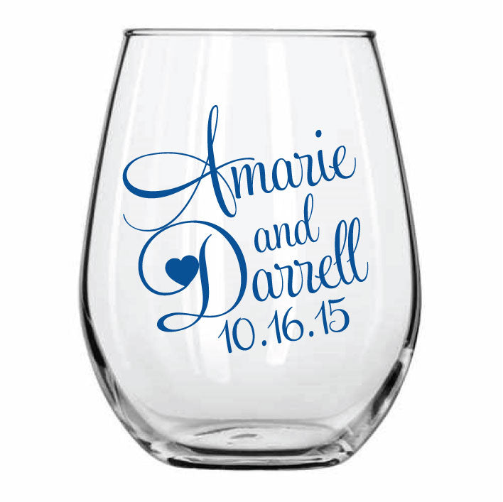 Personalized Stemless wine glasses, monogram design, personalized wedding favors with your names and wedding date