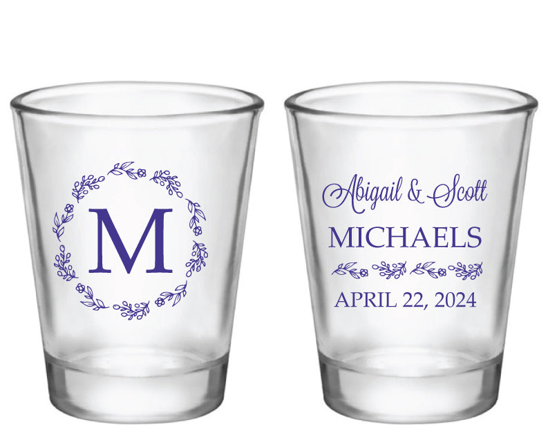 Floral monogrammed wedding shot glasses