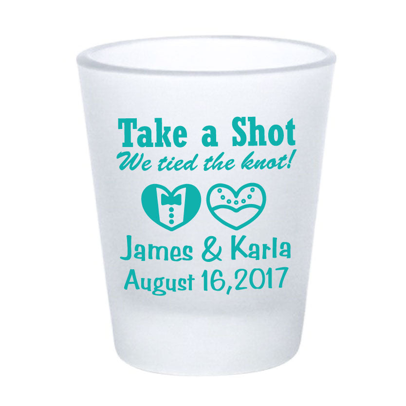 Frosted shot glasses, wedding favors, take a shot we tied the knot