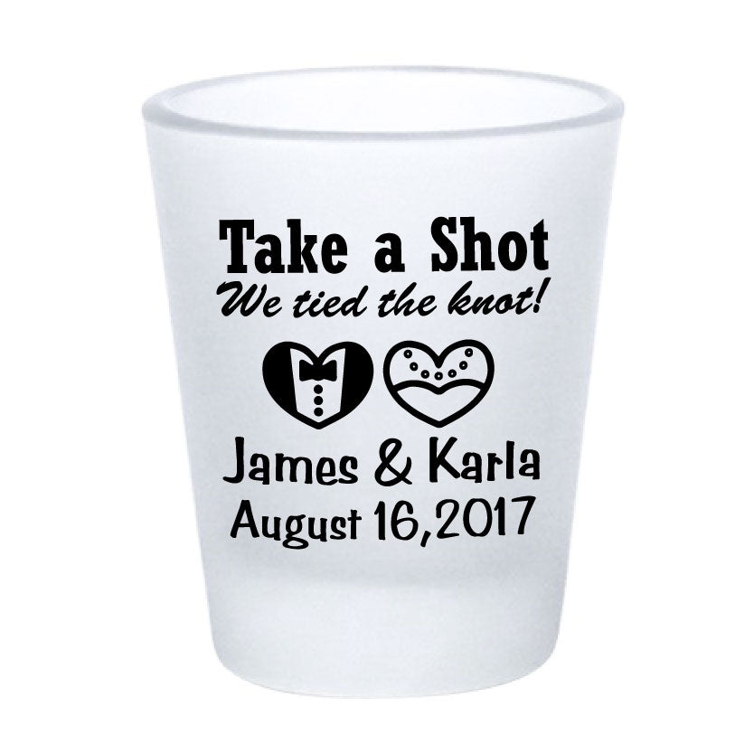 Frosted shot glasses, wedding favors, take a shot we tied the knot