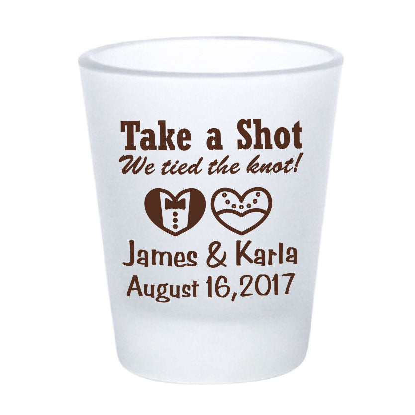 Frosted shot glasses, wedding favors, take a shot we tied the knot