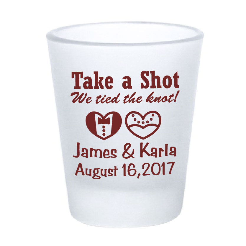 Frosted shot glasses, wedding favors, take a shot we tied the knot