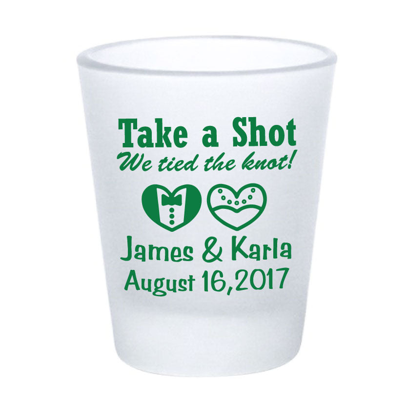 Frosted shot glasses, wedding favors, take a shot we tied the knot