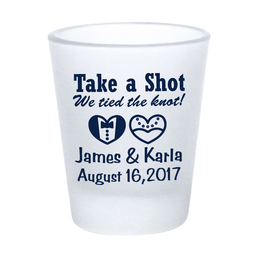 Frosted shot glasses, wedding favors, take a shot we tied the knot