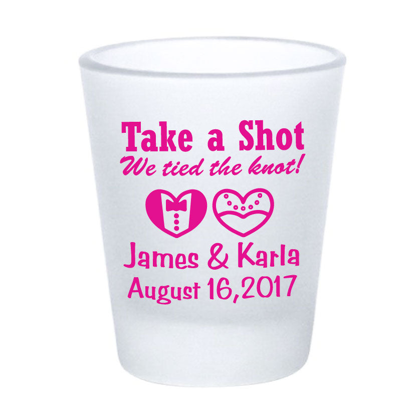 Frosted shot glasses, wedding favors, take a shot we tied the knot