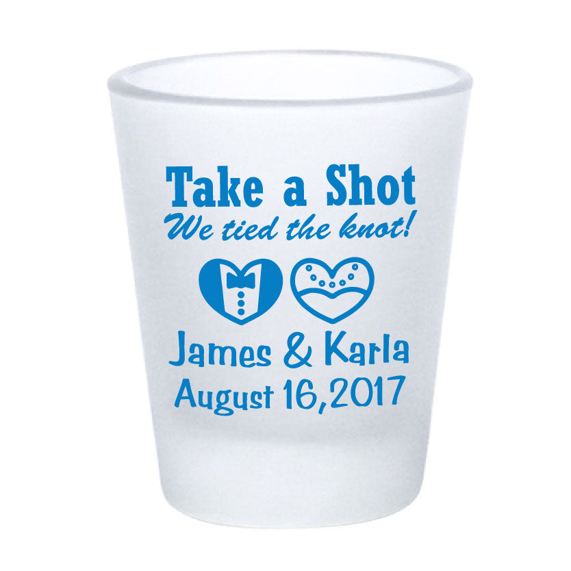 Frosted shot glasses, wedding favors, take a shot we tied the knot