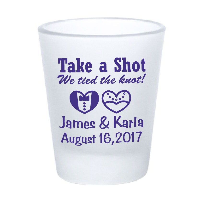 Frosted shot glasses, wedding favors, take a shot we tied the knot