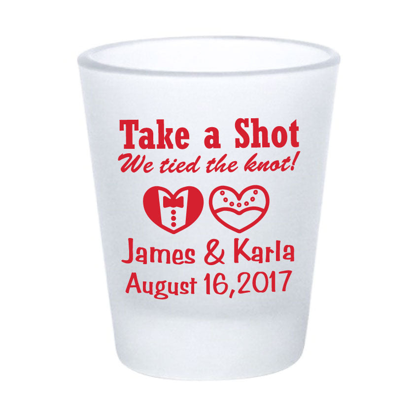 Frosted shot glasses, wedding favors, take a shot we tied the knot