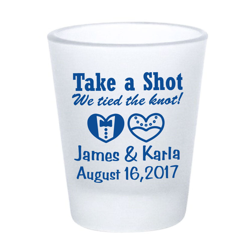 Frosted shot glasses, wedding favors, take a shot we tied the knot