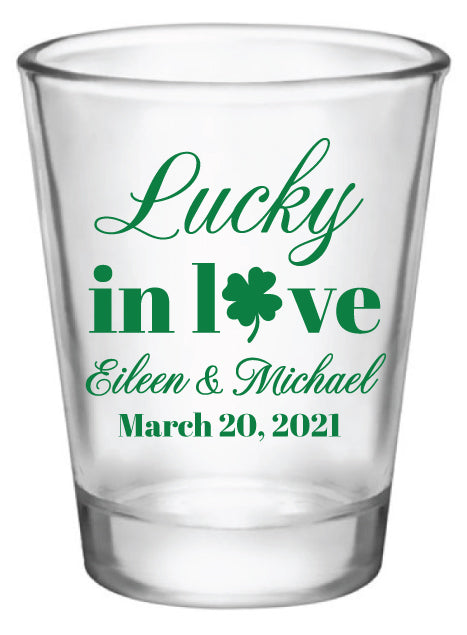 Irish wedding shot glasses, lucky in love