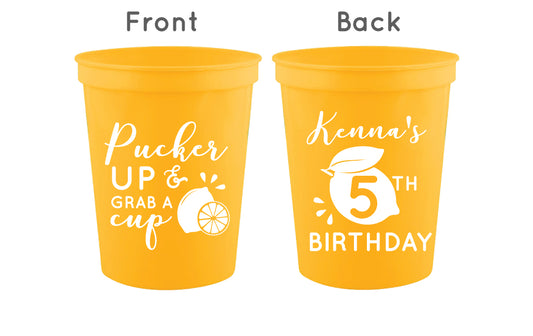 Personalized lemon birthday cups, pucker up grab a cup