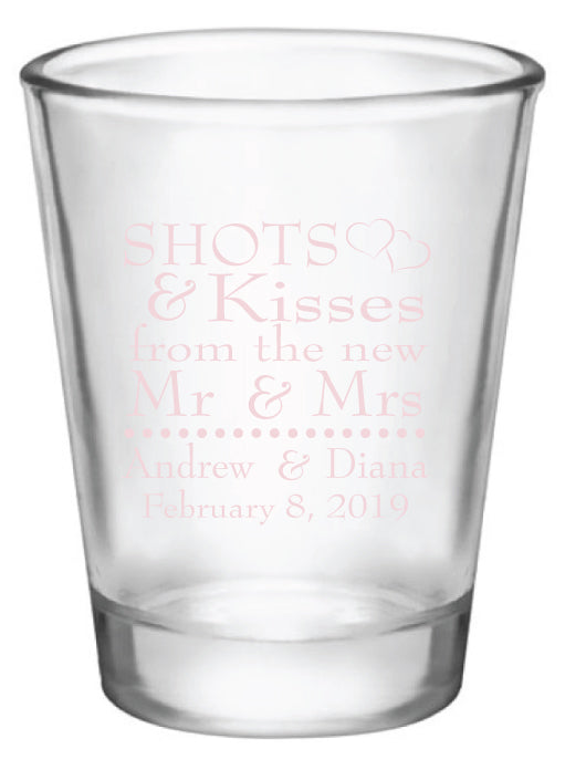 wedding shot glasses, shots and kisses to the new Mr & Mrs, personalized favors