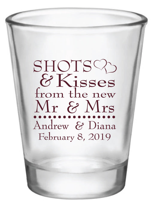 wedding shot glasses, shots and kisses to the new Mr & Mrs, personalized favors