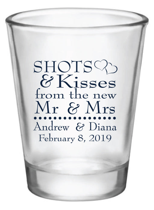 wedding shot glasses, shots and kisses to the new Mr & Mrs, personalized favors