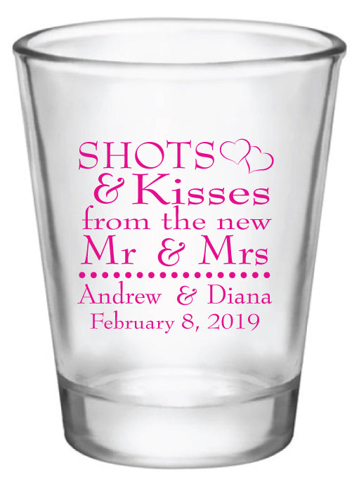 wedding shot glasses, shots and kisses to the new Mr & Mrs, personalized favors