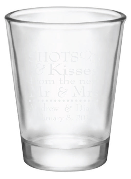 wedding shot glasses, shots and kisses to the new Mr & Mrs, personalized favors