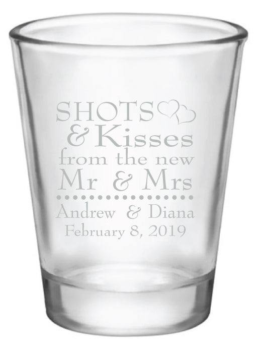 wedding shot glasses, shots and kisses to the new Mr & Mrs, personalized favors