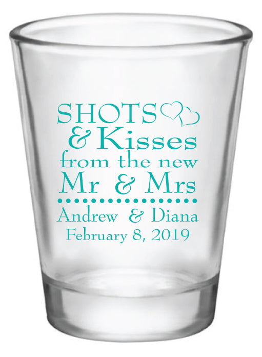 wedding shot glasses, shots and kisses to the new Mr & Mrs, personalized favors