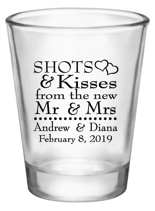 wedding shot glasses, shots and kisses to the new Mr & Mrs, personalized favors