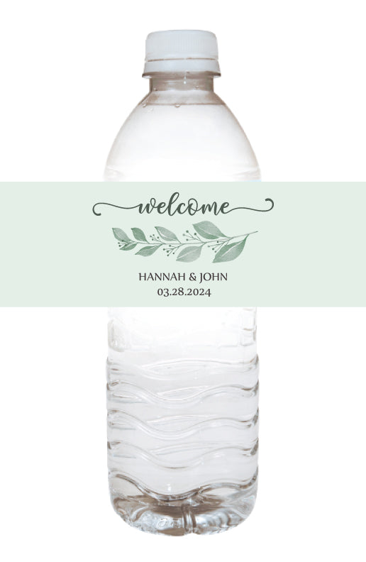 Wedding water bottle label- green leaves