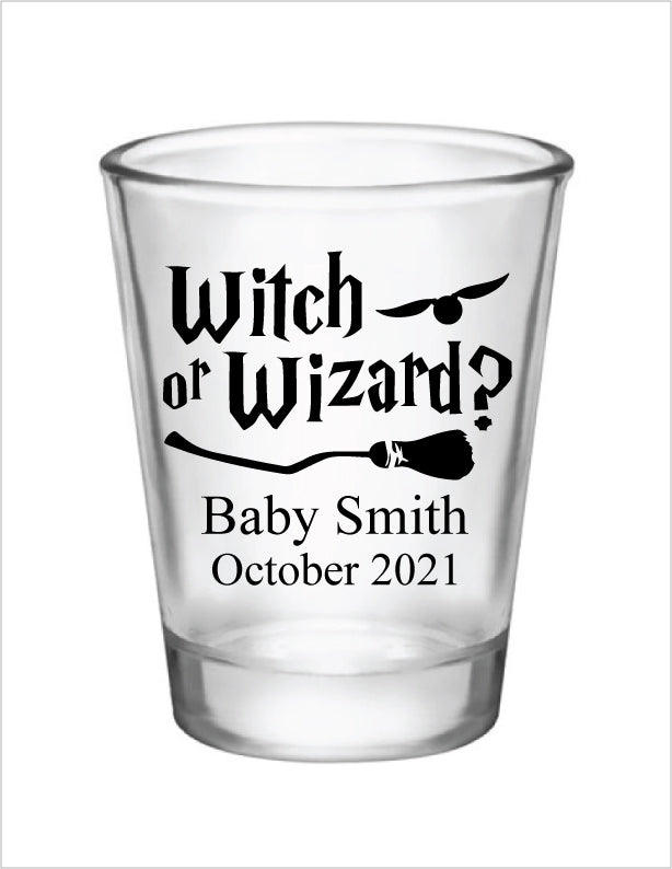 Personalized witch or wizard gender reveal shot glasses