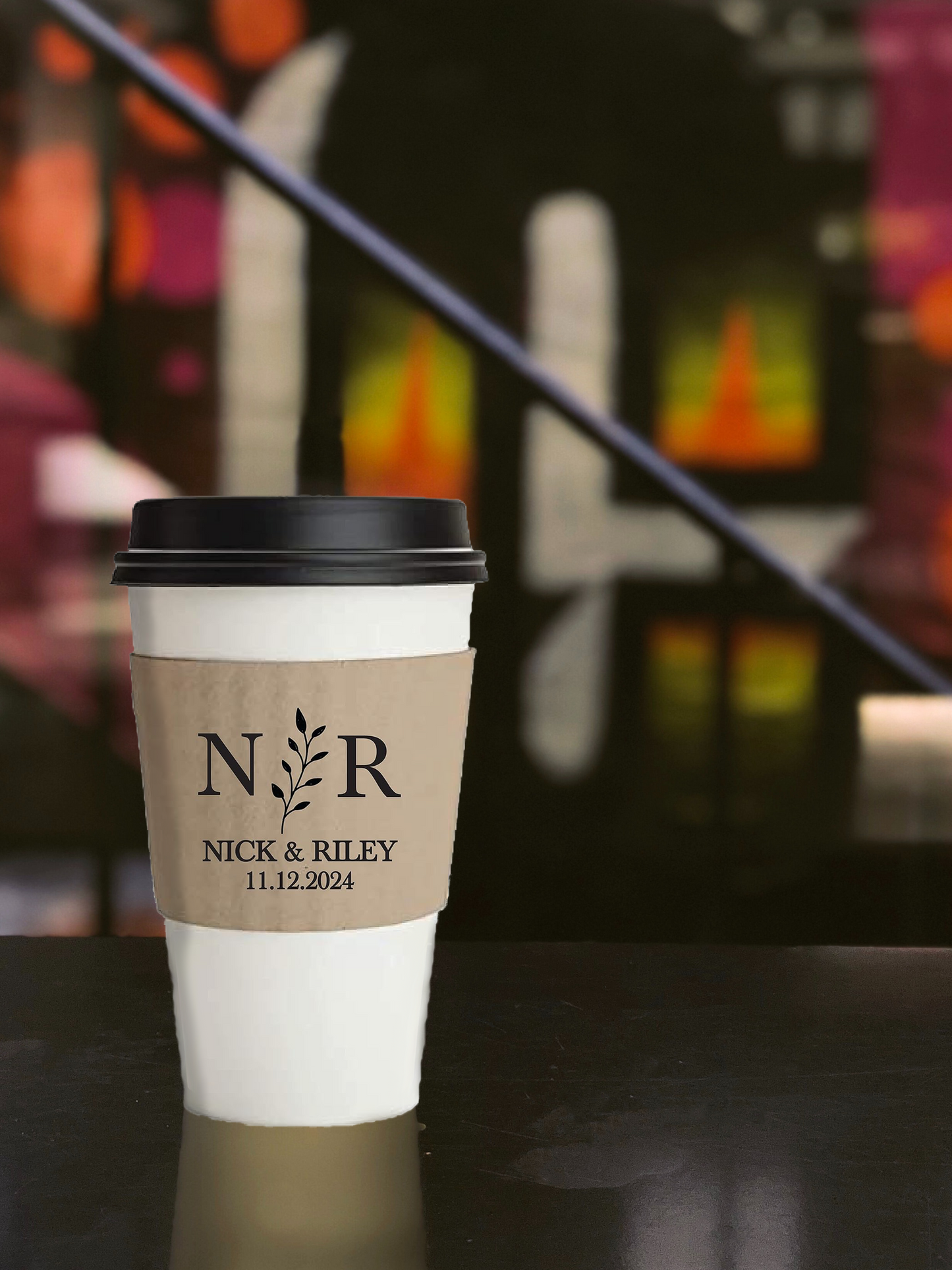 Personalized initials and vine wedding coffee sleeves