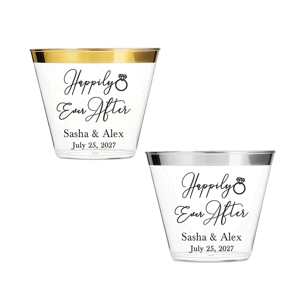 Happily Ever After 9oz Gold or Silver Rimmed Clear Plastic Cups