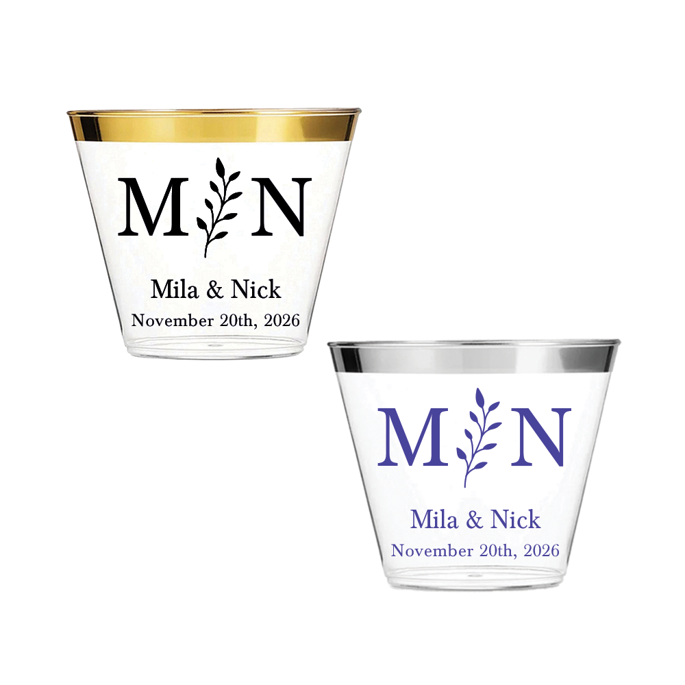 Initials and Vine 9oz Gold or Silver Rimmed Clear Plastic Cups