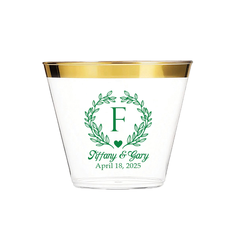 Vasos de plástico transparente con borde dorado o plateado de 9 oz con monograma elegante personalizado