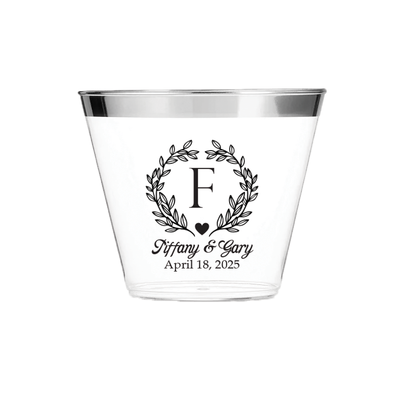 Vasos de plástico transparente con borde dorado o plateado de 9 oz con monograma elegante personalizado