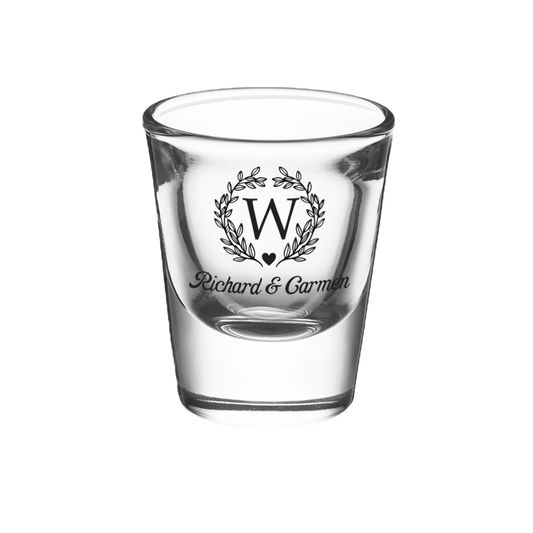 CLOSEOUT SALE - 1oz Classic Shot Glasses - Wreath Monogram design