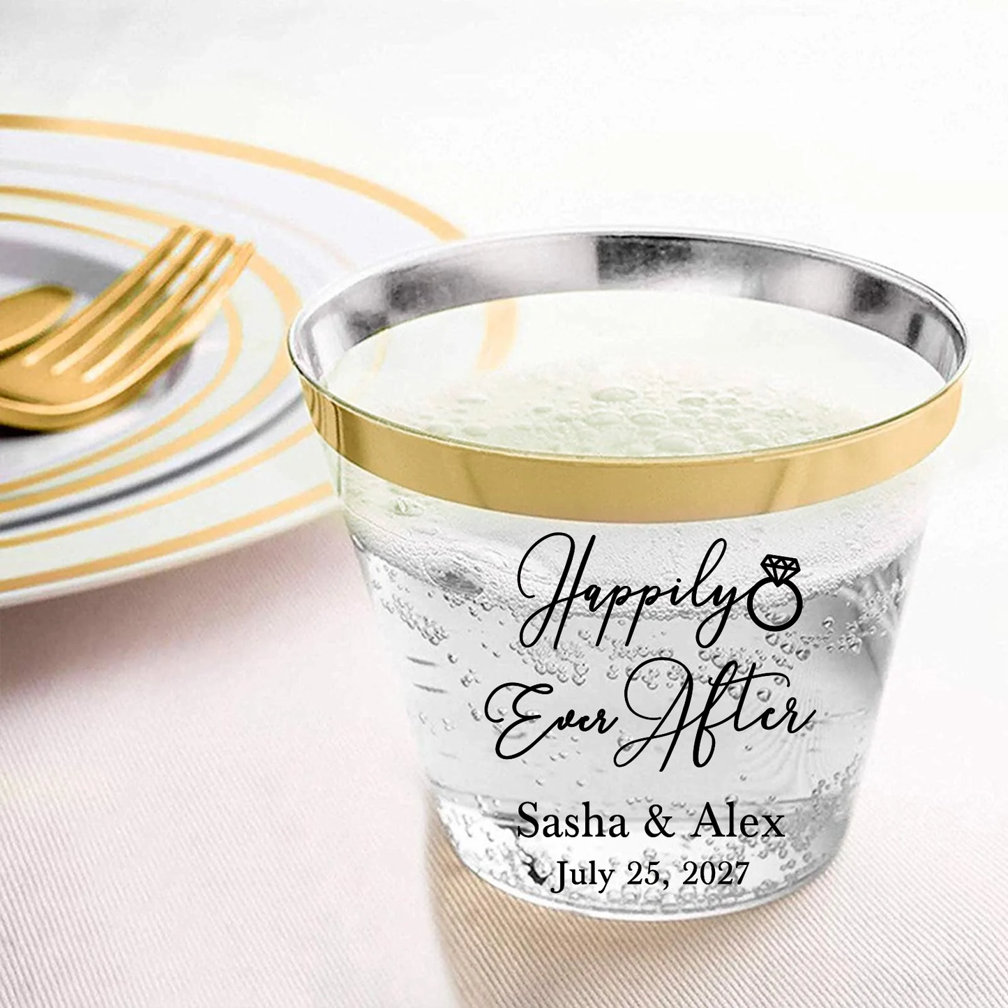 Happily Ever After 9oz Gold or Silver Rimmed Clear Plastic Cups