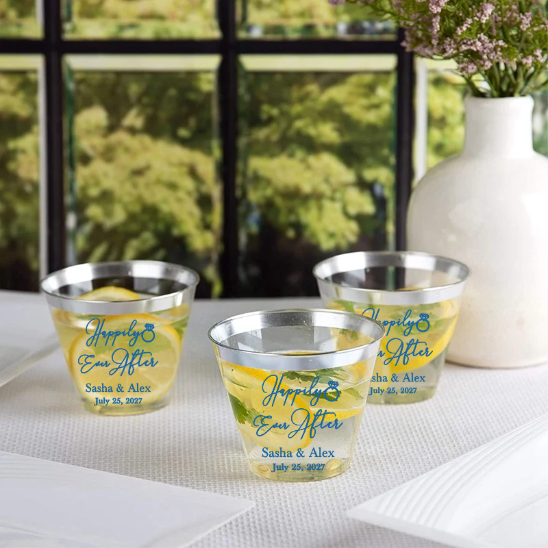 Happily Ever After 9oz Gold or Silver Rimmed Clear Plastic Cups