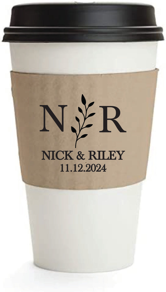 Personalized initials and vine wedding coffee sleeves