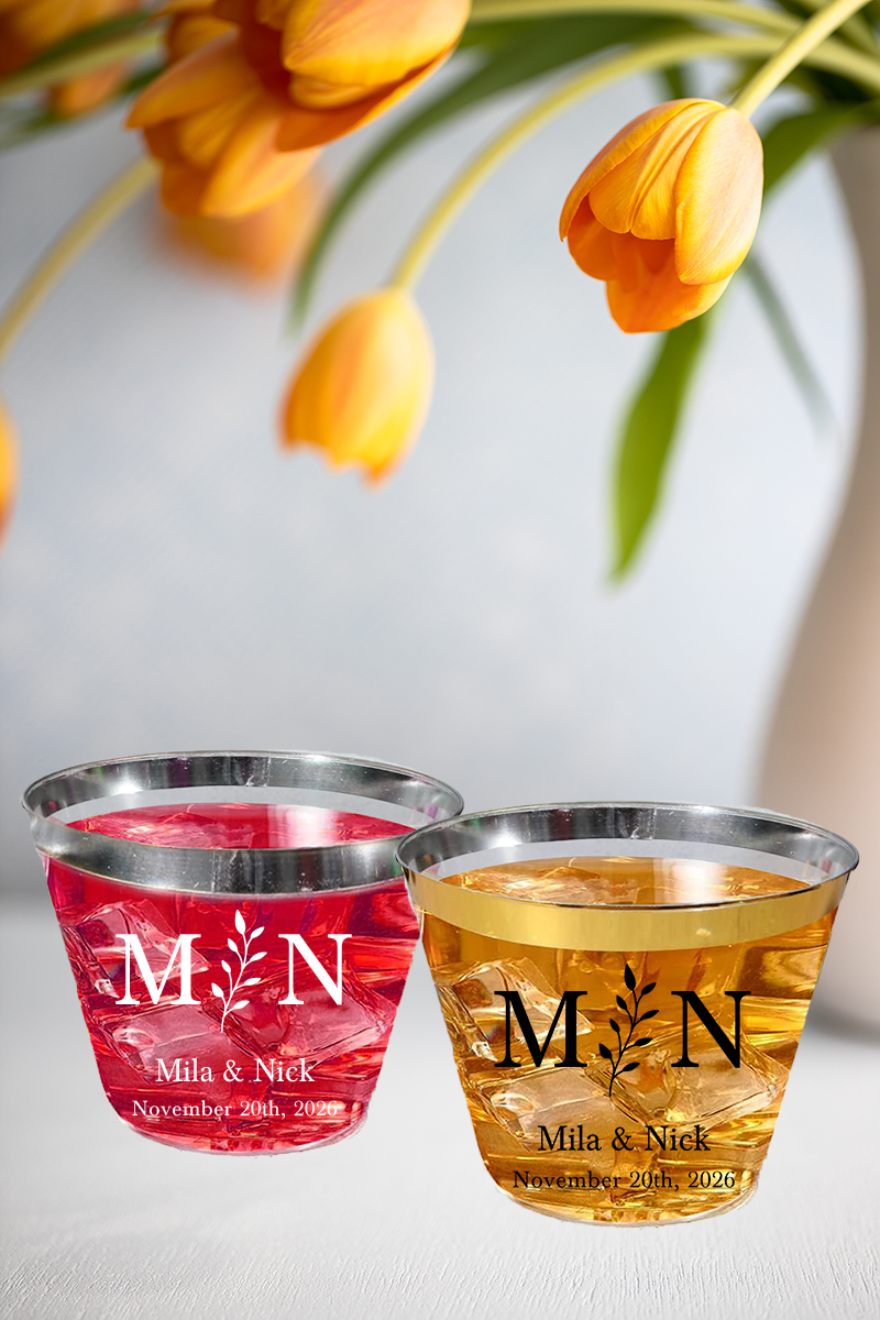 Initials and Vine 9oz Gold or Silver Rimmed Clear Plastic Cups