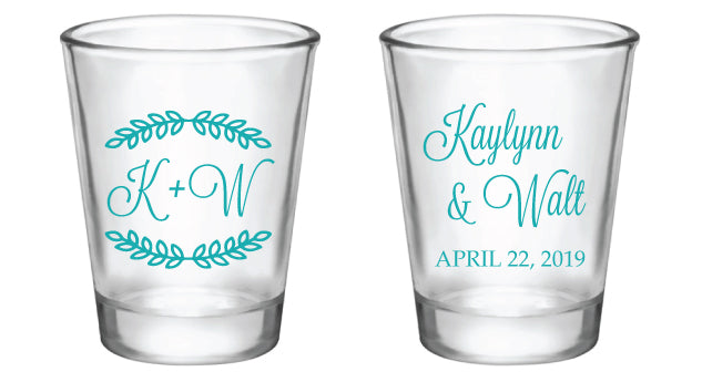 Couple Initials with Leaf Framing - Wedding, Anniversary, Vow Renewal, or Engagement Shot Glasses