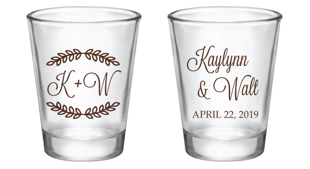 Couple Initials with Leaf Framing - Wedding, Anniversary, Vow Renewal, or Engagement Shot Glasses