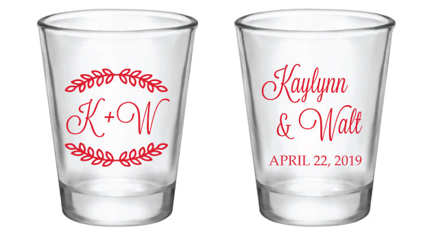 Couple Initials with Leaf Framing - Wedding, Anniversary, Vow Renewal, or Engagement Shot Glasses