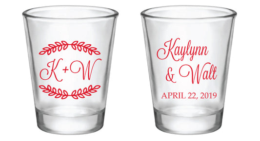 Couple Initials with Leaf Framing - Wedding, Anniversary, Vow Renewal, or Engagement Shot Glasses