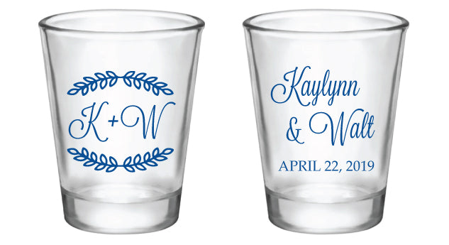 Couple Initials with Leaf Framing - Wedding, Anniversary, Vow Renewal, or Engagement Shot Glasses