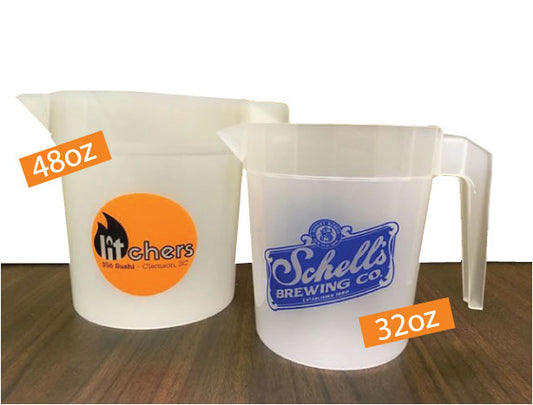 48oz Stackable Pitchers- printed with a logo of your choice. Printed pitchers for your restaurant, bar, or company.